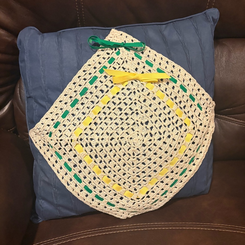 Vintage Handmade Crochet Doily Blue Pillow Green Yellow Accents Ribbon Retro Fun